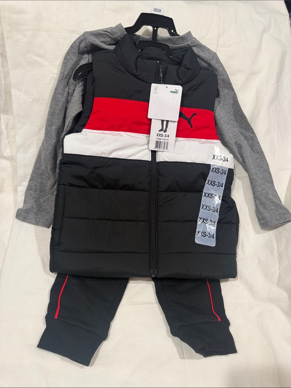 Puma Kids Black, Red & White Puffer Vest with Grey Sleeves 3 piece SZ 3T-4T XSS